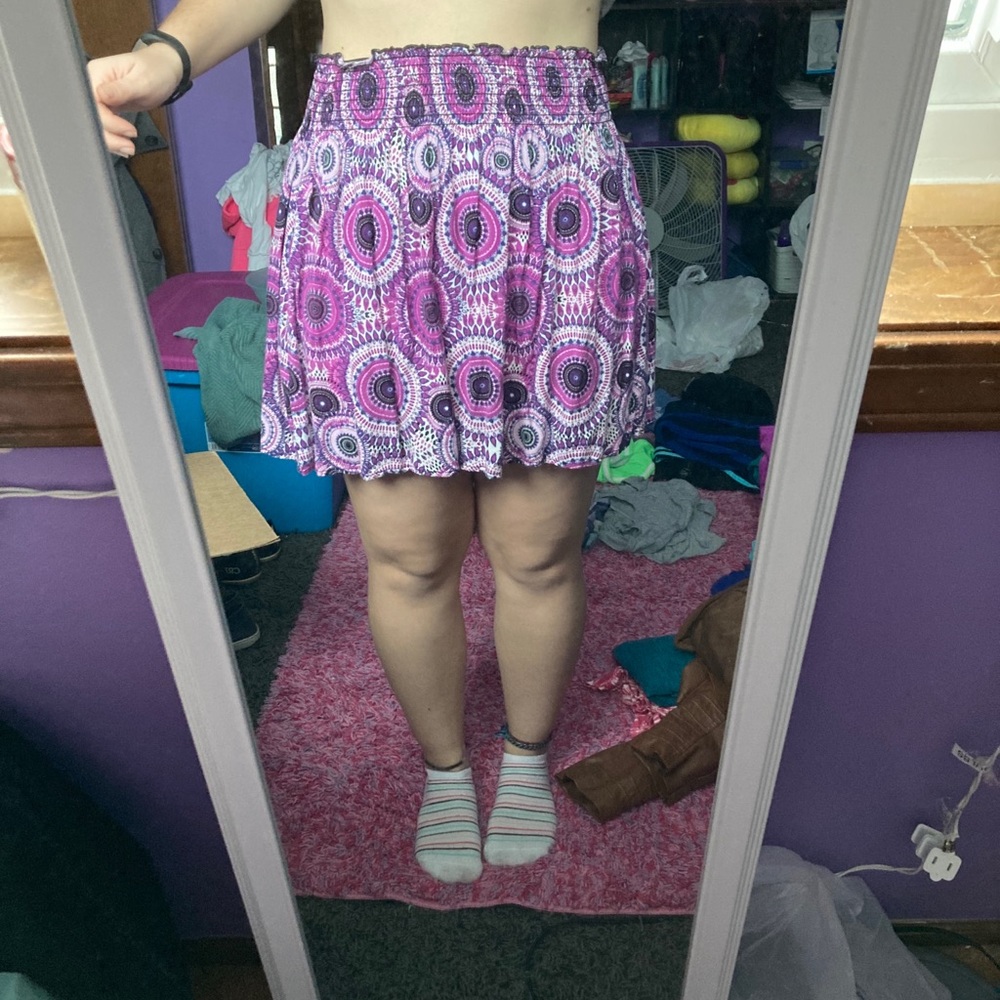 Shirt patterned purple skirt